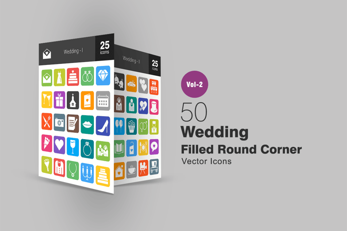 50 Wedding Filled Round Corner Icons