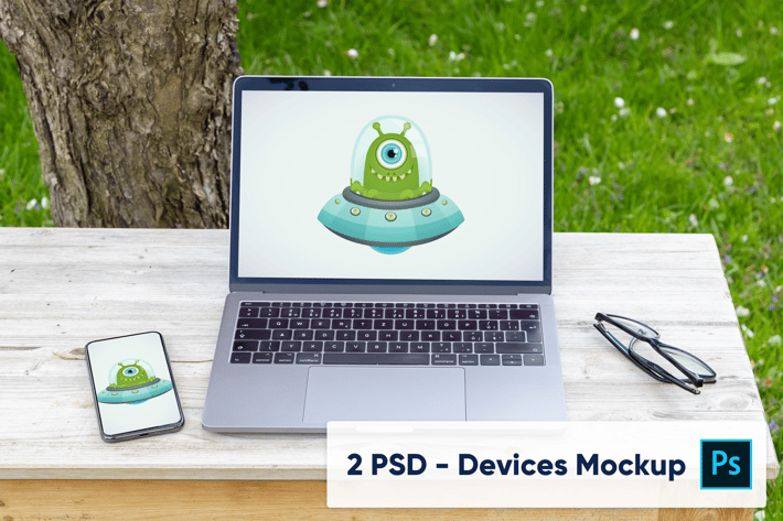 Laptop and Phone in the Garden - 2 PSD Mockups