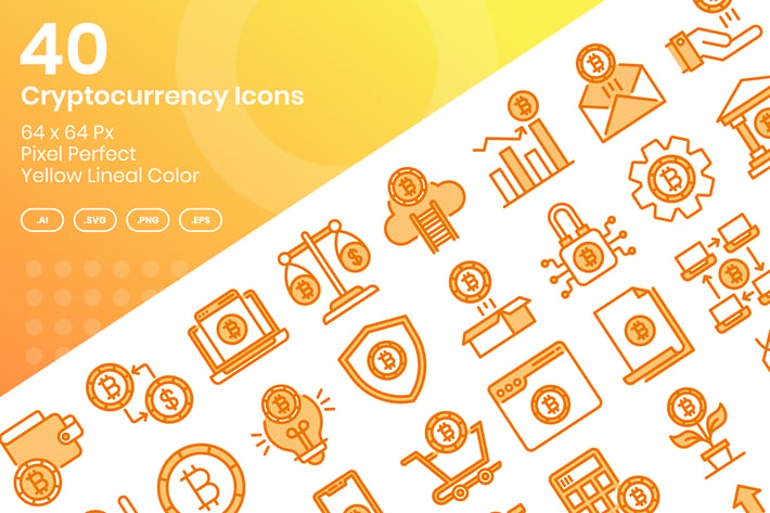 40 Cryptocurrency Icons Set - Yellow Lineal Color
