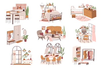 Different Rooms At Home Set Isolated Elements