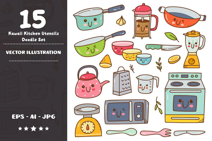 Kawaii Kitchen Utensils Doodle Set