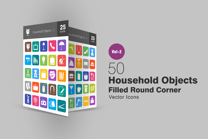 50 Household Objects Filled Round Corner Icons