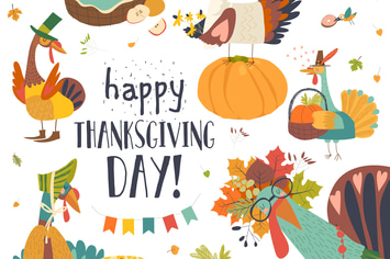 Funny turkeys with Thanksgiving theme on white bac