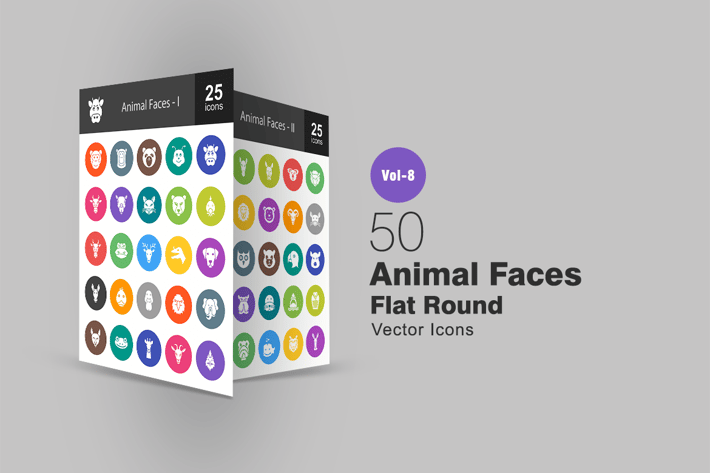 50 Animal Faces Flat Round Icons
