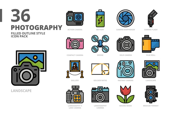 Photography Filled Outline Style Icon Set