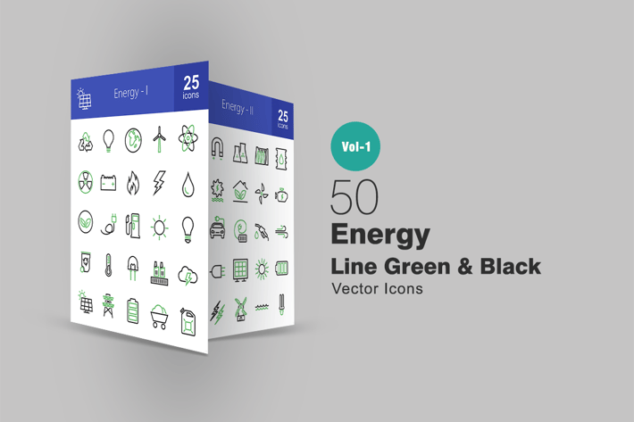 50 Energy Line Green & Black Icons