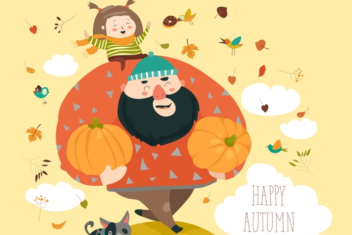 Dad and his daughter with pumpkin. Vector