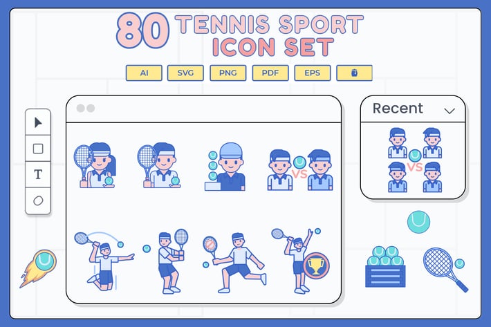 80 Tennis Sports Line Icons 