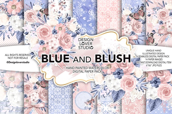 Watercolor BLUE and BLUSH digital paper pack