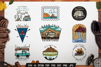 Camp Adventure Badges, Outdoor Travel Logo Labels