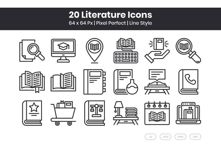 20 Literature Icons Set - Line