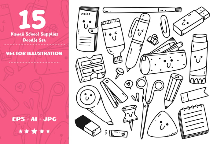 Kawaii School Supplies Line Art Doodle