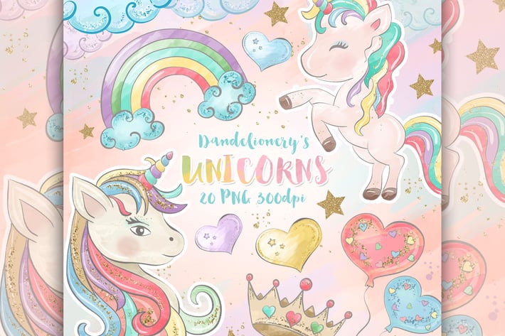 Watercolor Unicorns II. Clipart