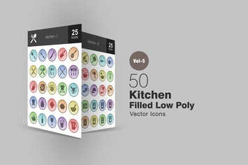 50 Kitchen Filled Low Poly Icons