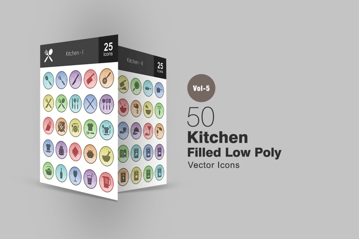 50 Kitchen Filled Low Poly Icons