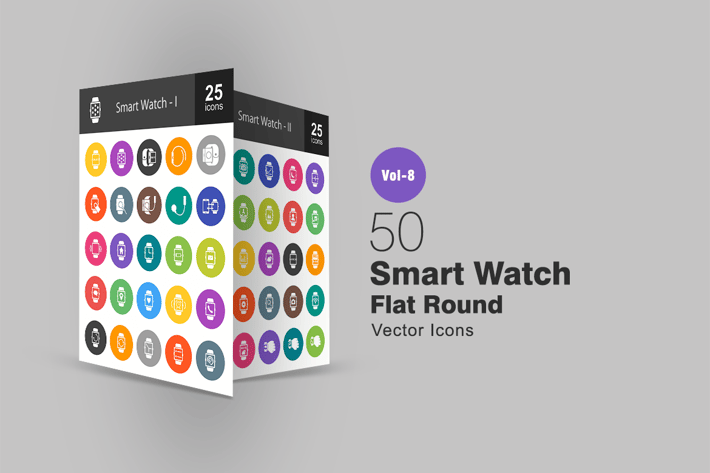 50 Smart Watch Flat Round Icons