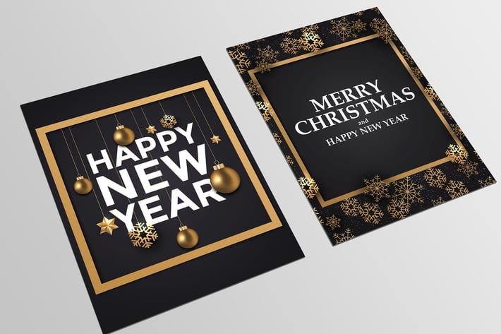 Holiday New Year card with golden ornaments