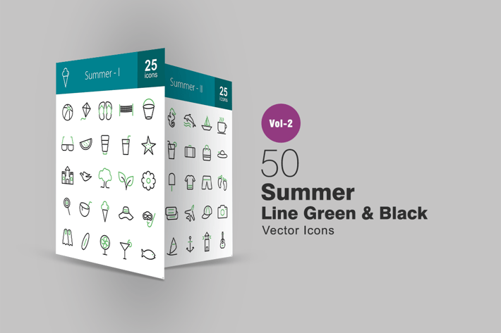 50 Summer Line Green & Black Icons