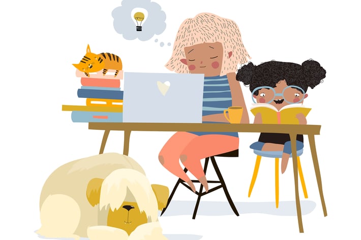 Cute girls doing lesson at home together. Vector 
