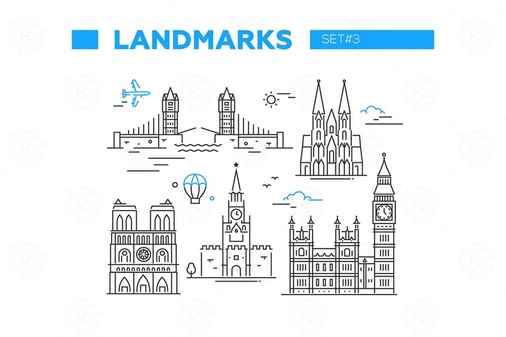 World Famous Landmarks - line design icons set
