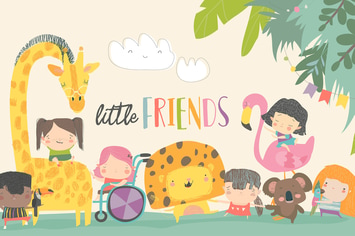 Cute children with cartoon animal. Happy friends. 